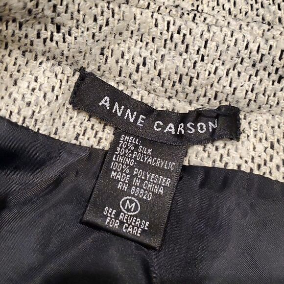 Anne Carson Cream Black Lace Faux Fur Trim Blazer Jacket, Sz M - Picture 7 of 7